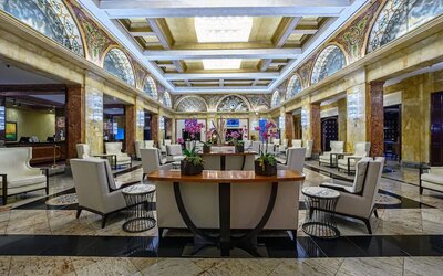 Lobby and coworking lounge at Congress Plaza Hotel.