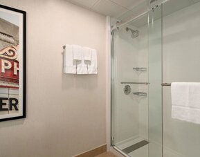 Guest bathroom featuring a glass-enclosed shower, wall-mounted showerhead, fresh towels, and contemporary décor. Crowne Plaza Englewood.
