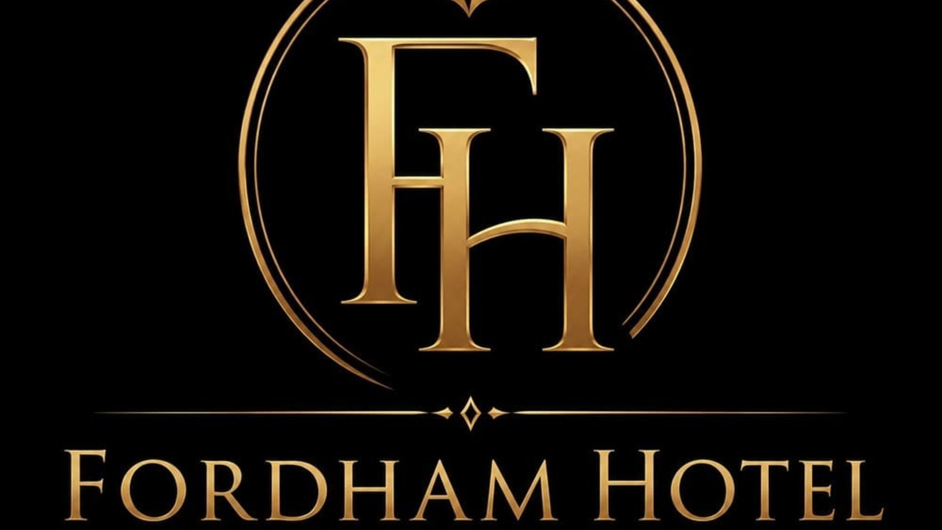 Fordham Hotel Bronx logo featuring large gold FH initials, decorative gold flourishes, and the hotel name in gold lettering against a black background.