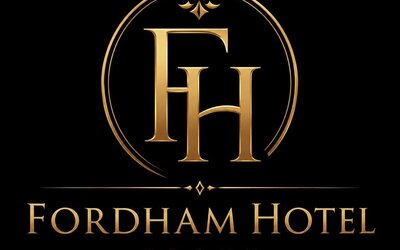Fordham Hotel Bronx logo featuring large gold FH initials, decorative gold flourishes, and the hotel name in gold lettering against a black background.