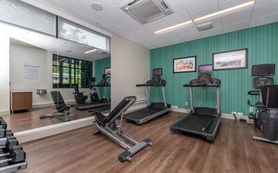 Modern hotel fitness center with treadmills, exercise bikes, adjustable weight bench, dumbbells, mirrored wall, and wood-look flooring.
