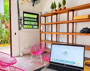 Laptop on a black table in a bright coworking space with pink woven chairs, wooden shelving, potted plants, large windows, and an open doorway to greenery.
