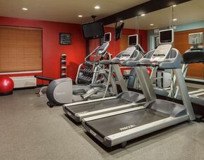 Hotel fitness center with two treadmills, elliptical machine, exercise bike, dumbbell rack, weight bench, stability ball, wall-mounted TV and mirrored wall.