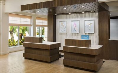 Modern hotel reception area with two wood-and-white front desks, contemporary artwork, Hilton Honors signage and large windows overlooking tropical landscaping.