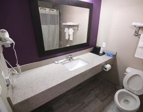 Bathroom with a granite vanity, sink, large mirror, hairdryer, towels, and toilet at At Home Inn & Suites.