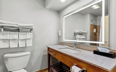 Clean hotel bathroom with granite vanity, sink, large illuminated mirror, toilet, neatly arranged white towels, and a partially visible shower area.