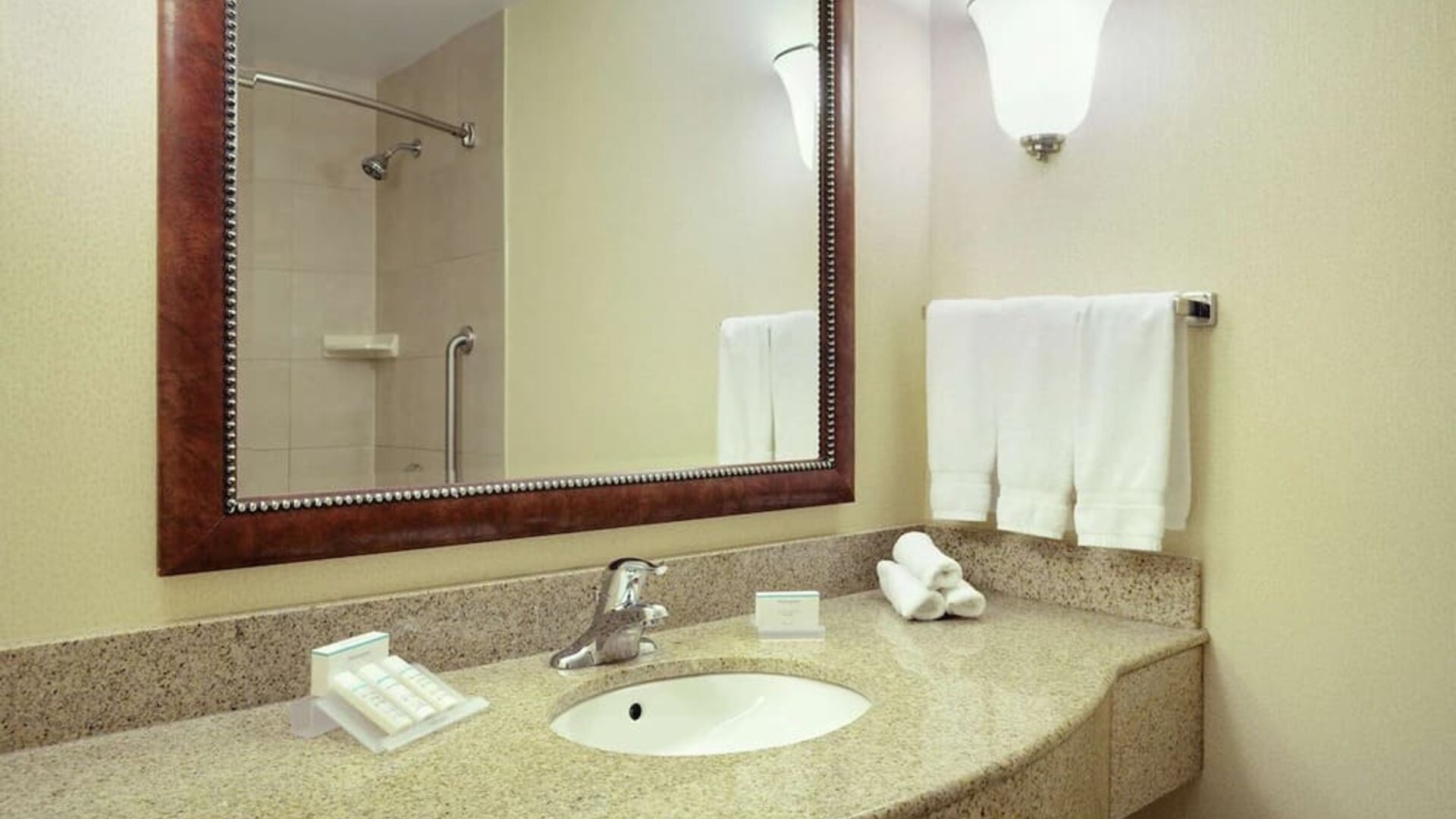 Day use bathroom with shower and toiletries at Hilton Garden Inn Toronto/Burlington.