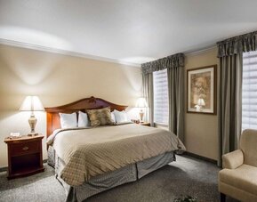 ing bedroom featuring a large wooden headboard, beige patterned bedding, decorative accent pillows, bedside tables with lamps, neutral walls, and a carpeted floor at Liberty Hotel Cleburne, an Ascend Hotel Collection Member.