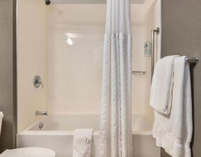 Guest bathroom with a white bathtub and shower curtain, chrome fixtures, wall-mounted grab bar, and neatly folded white towels at Comfort Inn Alma.