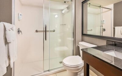 Accessible hotel bathroom featuring a glass-enclosed walk-in shower with grab bars, a white toilet, dark granite vanity countertop, large framed mirror, and fresh white towels at Comfort Inn Alma.