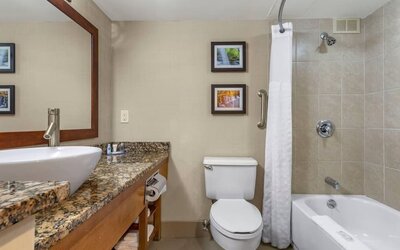 A bathroom with a granite-style vanity countertop, vessel sink, large mirror, toilet and bathtub with a shower curtain at Comfort Inn & Suites Glen Mills – Concordville.