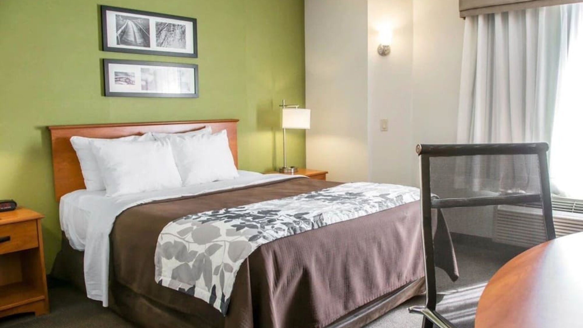 omfortable Sleep Inn king room featuring a large bed with white pillows, brown bedding, and a gray floral-patterned runner, green accent wall with framed artwork, wooden bedside tables, reading lamps, and a work desk beside a curtained window.