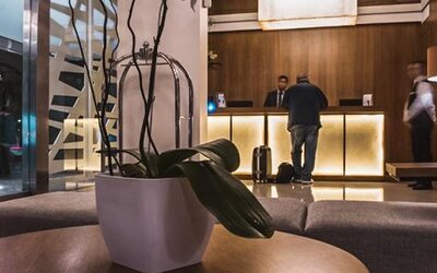 Reception area with a backlit front desk, decorative stone wall, seating and glass entrance at Howard Johnson Plaza Buenos Aires.