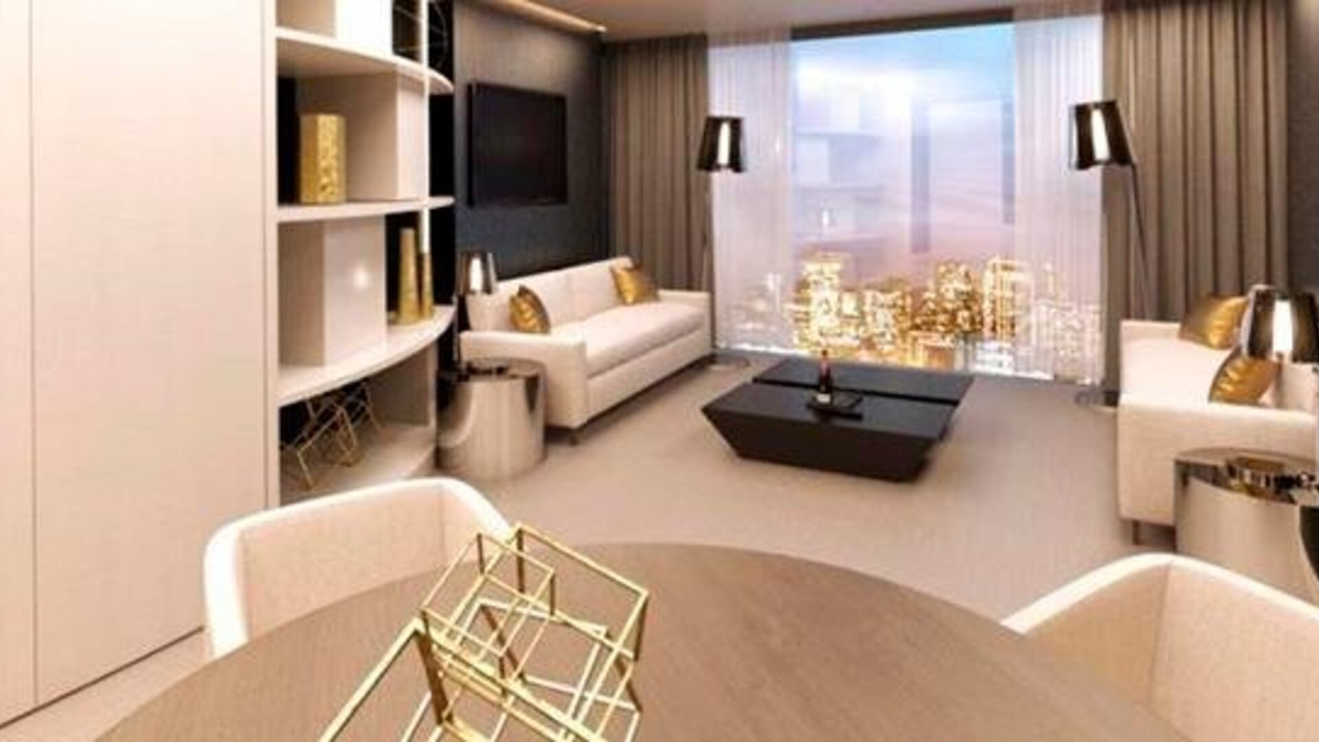 Spacious suite lounge with cream sofas, a dining table, gold decorative accents and panoramic windows at Hotel Las Américas Golden Tower Panamá.