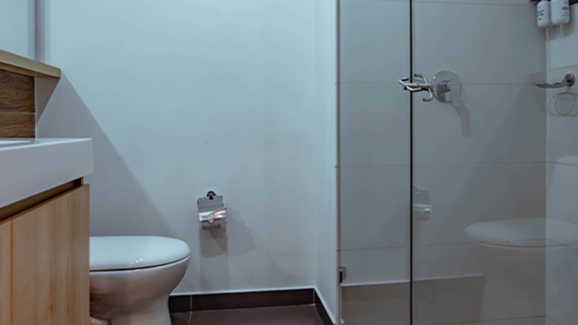 Bathroom with a glass-enclosed shower, white toilet and light wood vanity in a modern, minimalist interior at UMA Suites Chía.