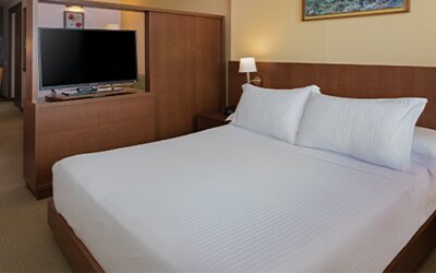 1. King guest room with white bedding, a wooden headboard, bedside tables, wall-mounted lamps and a television at Hotel Habitel Select.