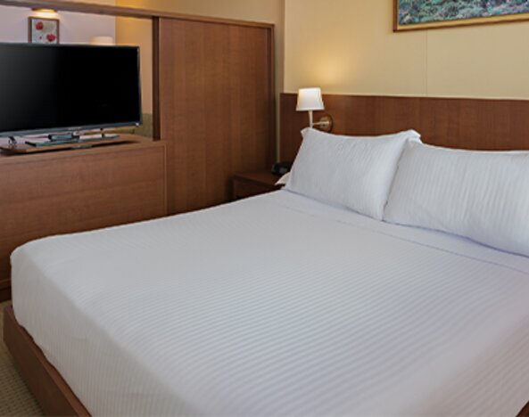 1. King guest room with white bedding, a wooden headboard, bedside tables, wall-mounted lamps and a television at Hotel Habitel Select.
