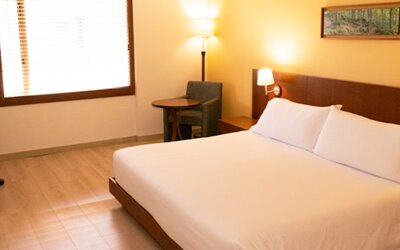 Guest bedroom with a large double bed, white bedding, wooden headboard, bedside lamps and a small seating area at Hotel Habitel Select.