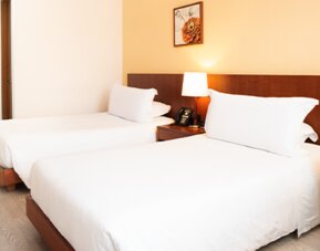 Twin guest room with two single beds, white bedding, wooden headboards, bedside lighting and a blue upholstered armchair at Hotel Habitel Select.