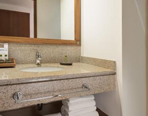 Guest bathroom with a granite vanity, inset washbasin, wooden-framed mirror, folded towels and glass-enclosed shower at Hotel Habitel Select.