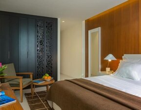 Guest room with a king-size bed, white bedding, a brown throw, wood-panelled accent wall, bedside lamps, wardrobe, and seating area at Prima Millennium.