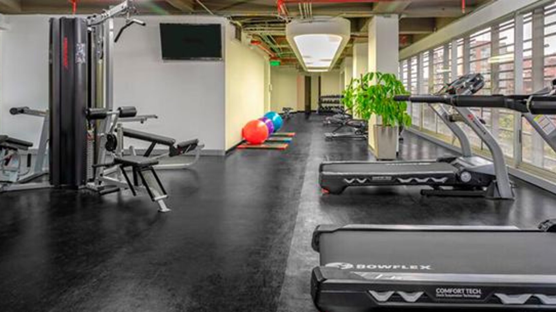 Fitness centre with treadmills, weight machines, free weights and exercise balls at Sonesta Hotel Bogotá.