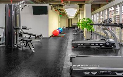 Fitness centre with treadmills, weight machines, free weights and exercise balls at Sonesta Hotel Bogotá.