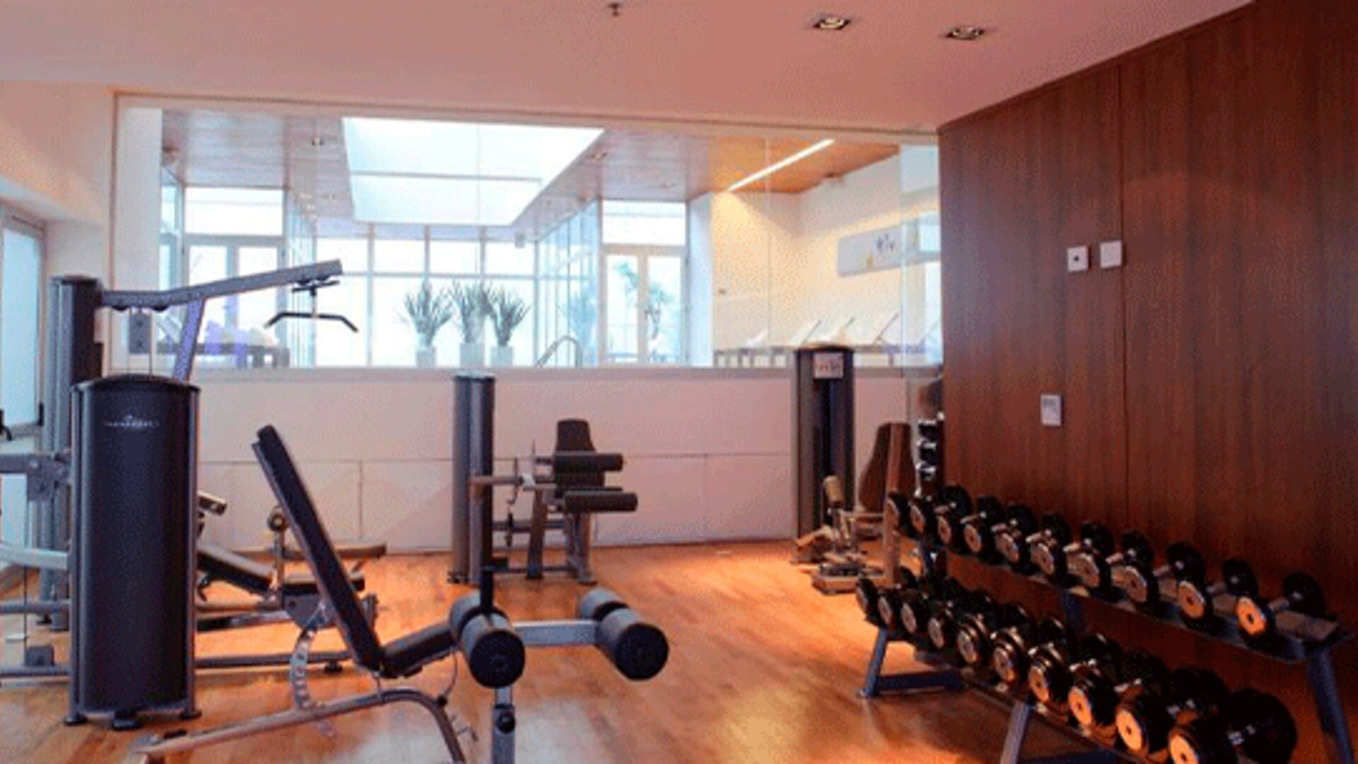Fitness centre with weight machines, adjustable benches and dumbbell racks beside wooden flooring at Design Suites Buenos Aires.