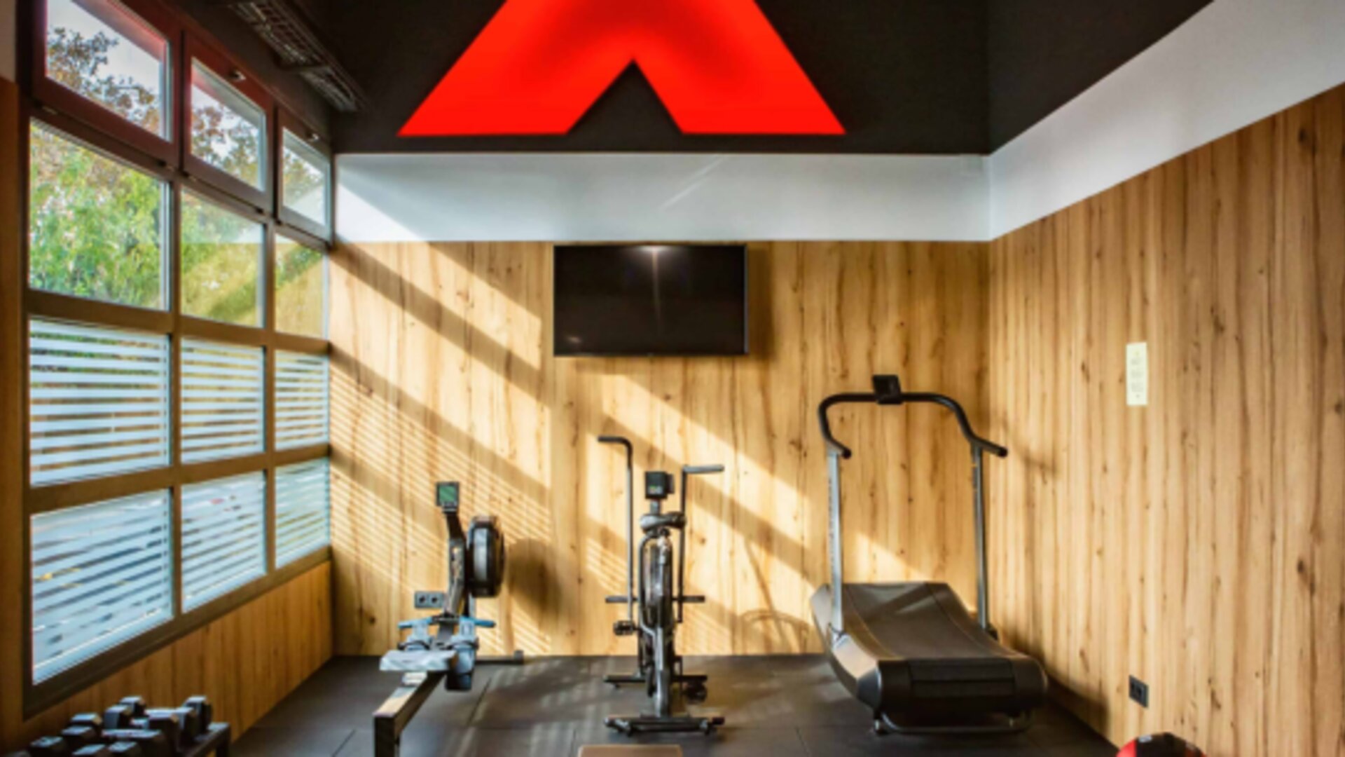 Fitness room with exercise machines, dumbbells, wooden wall panels and large windows at Hotel Best Western PLUS Alfa Aeropuerto.
