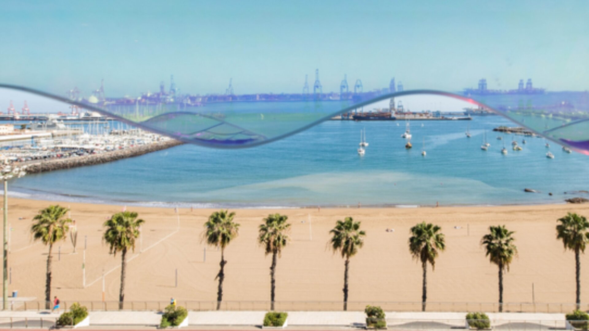 Coastal view of a sandy beach, palm-lined promenade, blue sea and distant harbour beneath a clear sky at Hotel Silken Saaj Las Palmas.