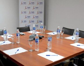 Meeting room with wooden conference table, black chairs, bottled water, glasses and notepads at Ian Hotel.