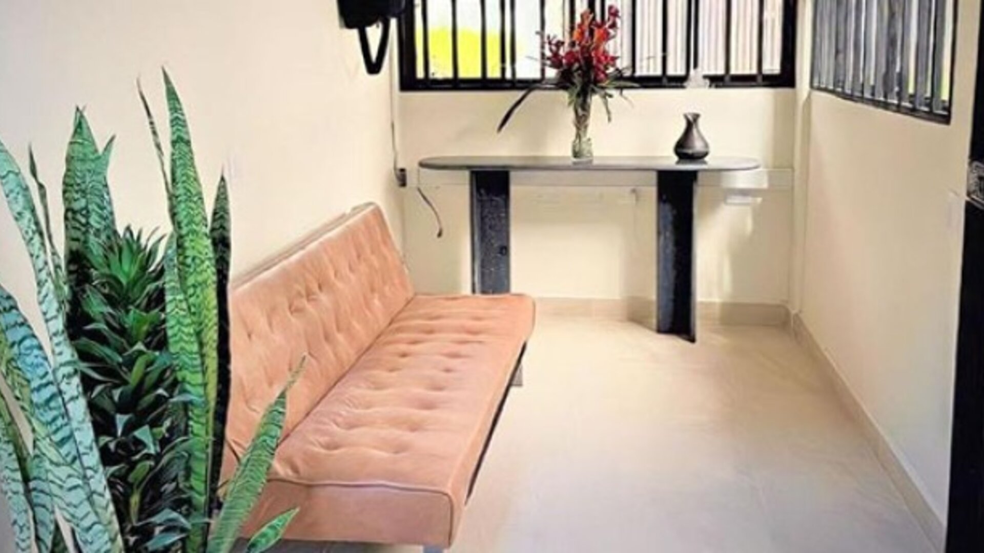 Sitting area with pink upholstered sofa, decorative cushions, tall potted plants and a small console table at 12 Nights Hotel.