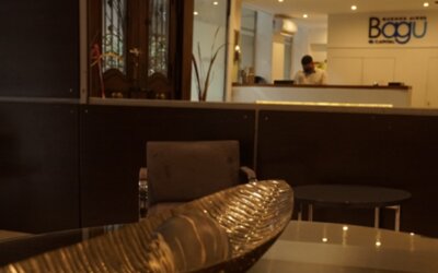 Reception lounge with dark partition, upholstered chairs, decorative bowl and reception desk in the background at Bagu Buenos Aires.