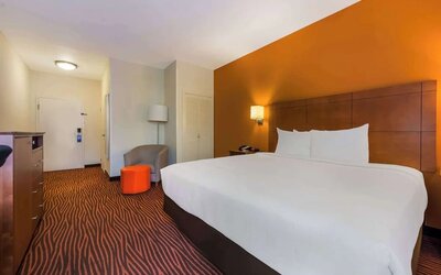 Guest room with a king bed, orange accent wall, wooden headboard and bedside lighting at Best Western Executive Hotel Of New Haven-West Haven.