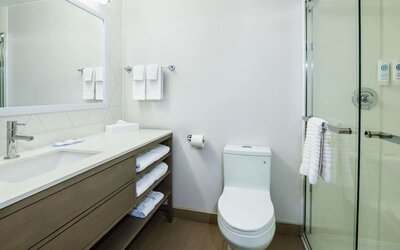 Private guest bathroom with shower and toiletries at Comfort Inn & Suites Barrie.