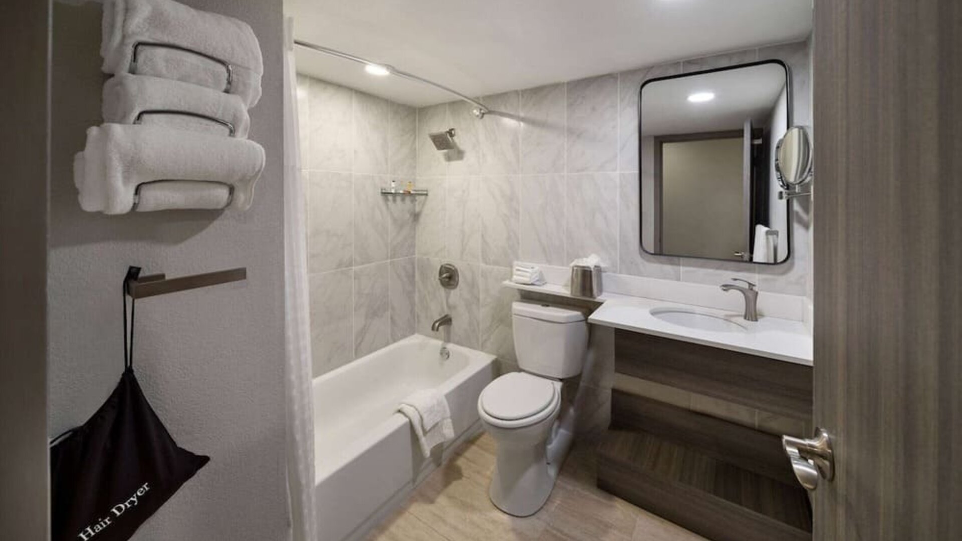 Guest bathroom at Wyndham DFW Airport.