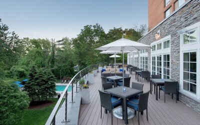 Hotel terrace seating at Boston Marriott Burlington.