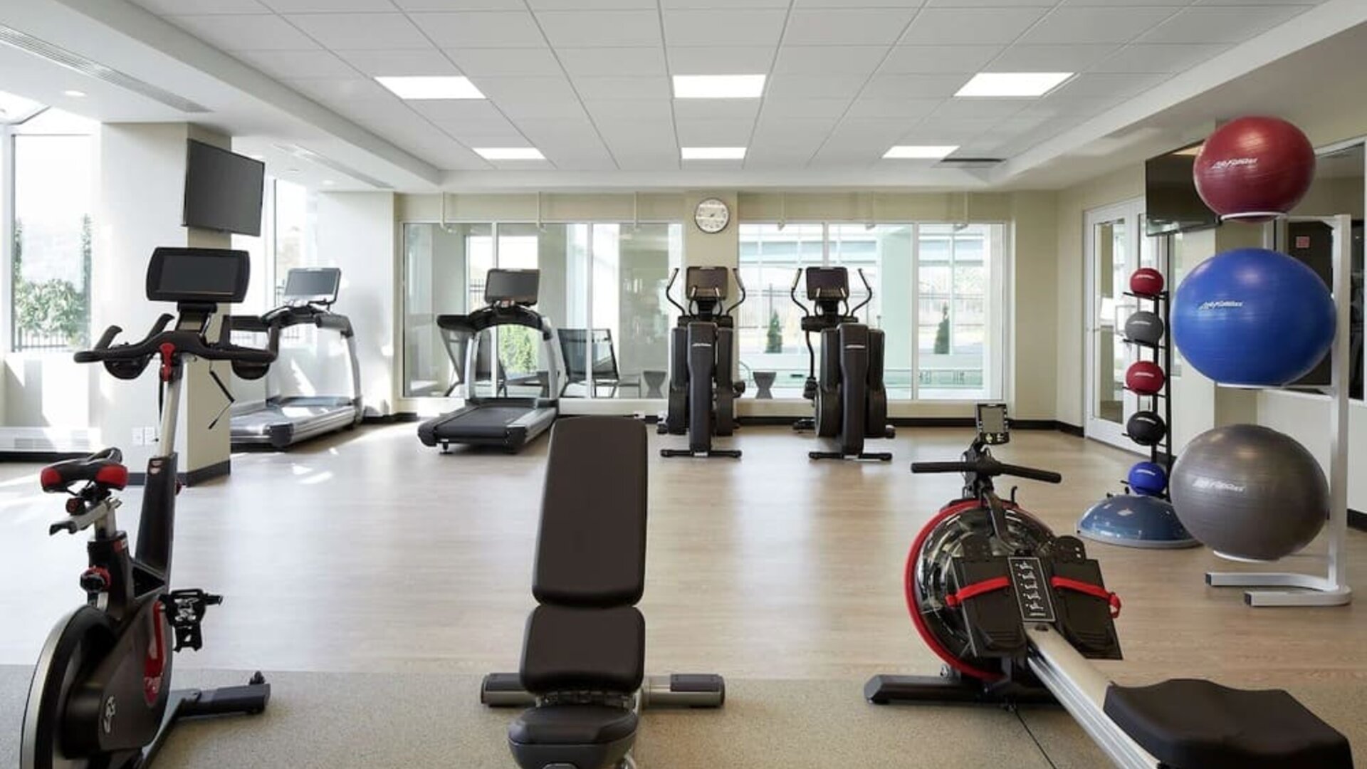 Fully equipped fitness center at DoubleTree By Hilton Montreal Airport.