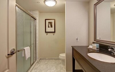 Private guest bathroom with shower at Hampton Inn By Hilton Toronto Airport Corporate Centre.