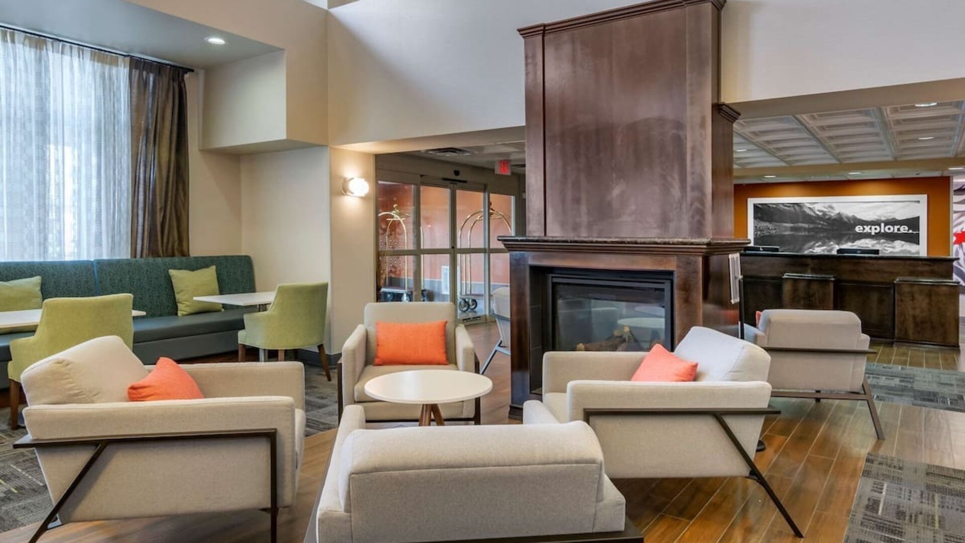 Comfortable hotel lobby perfect for co-working at Hampton Inn & Suites By Hilton Edmonton/West.