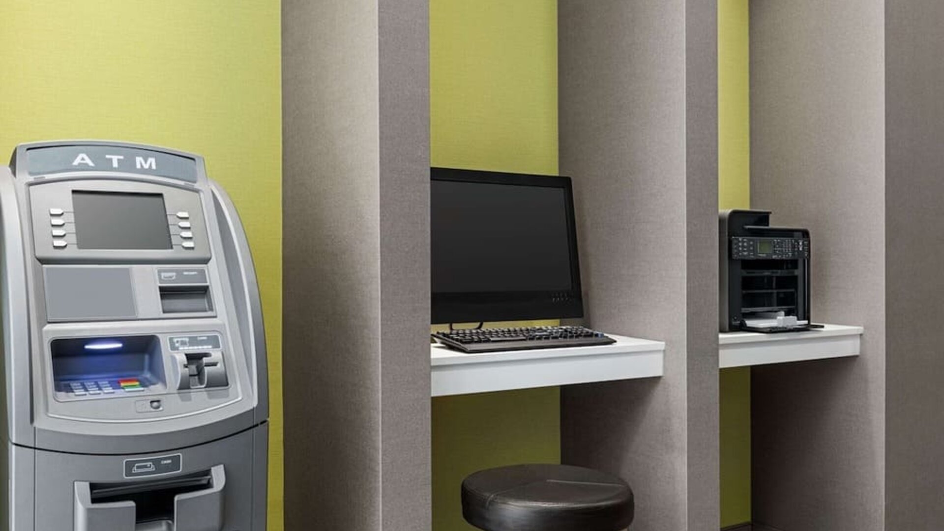 Business center with computer, printer and ATM at the Hilton Garden Inn Kitchener/Cambridge.