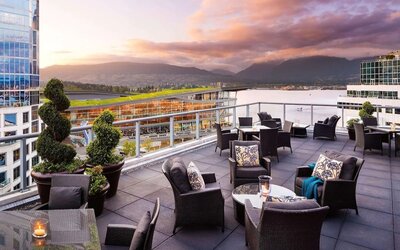 Hotel terrace with comfortable seating perfect for co-working at the Fairmont Waterfront.