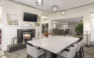 Lobby and coworking lounge at Hilton Garden Inn Boca Raton.