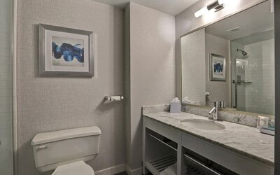 Private guest bathroom with shower and free toiletries at Four Points By Sheraton Toronto Mississauga.