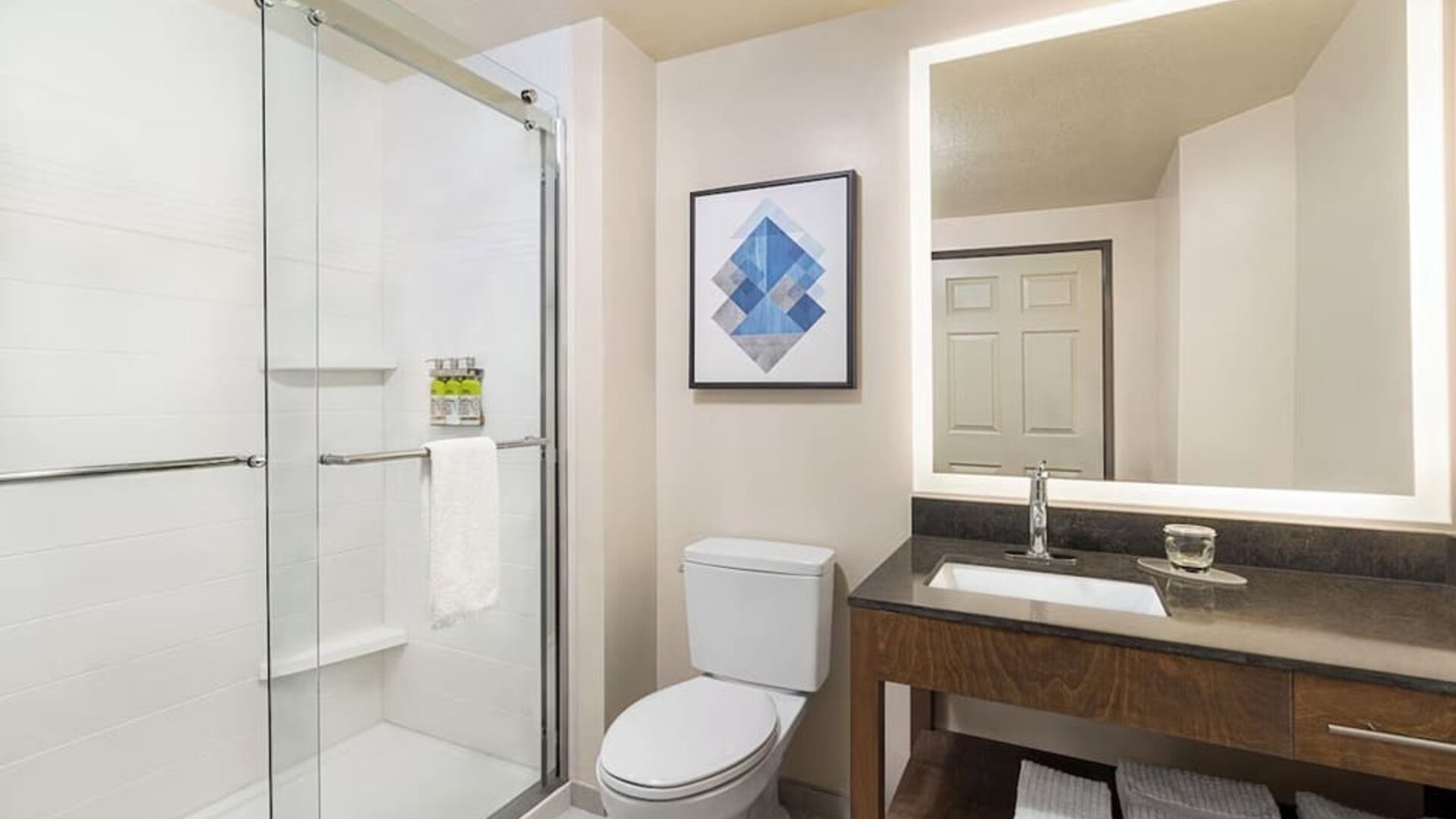 Guest bathroom with shower at Candlewood Suites Boise.