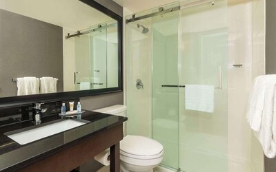 Guest bathroom with shower and free toiletries at Comfort Inn Hamilton.