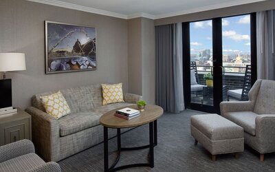 Living area and balcony at Hyatt Regency Boston.