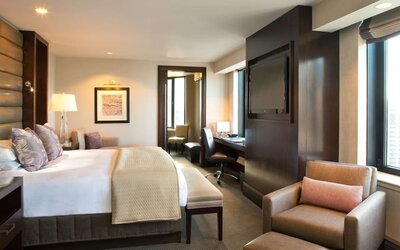 Day use room with sofa and work desk at Hyatt Regency Boston.