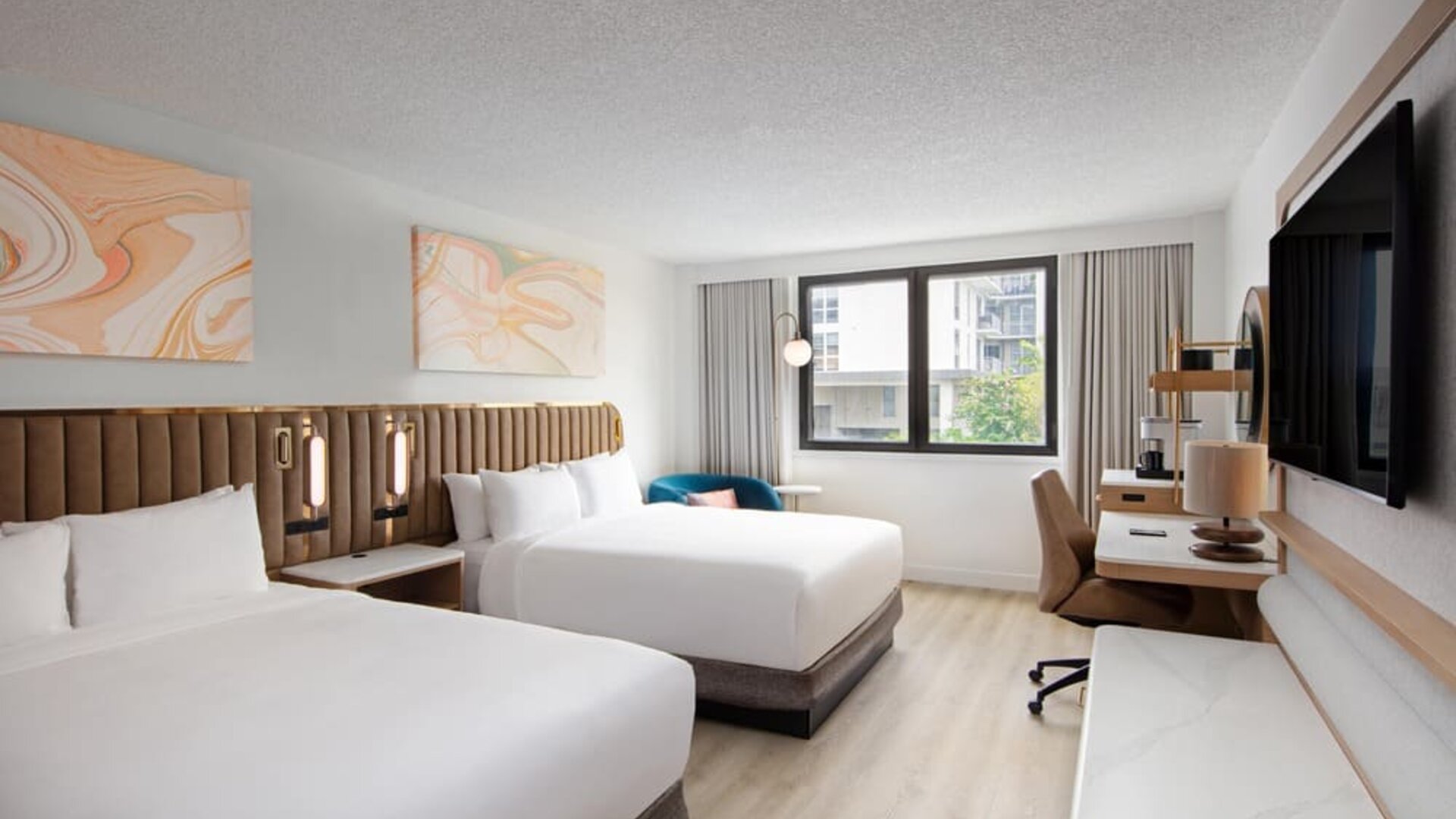 Day use twin room with work desk at Sonesta Miami Airport.