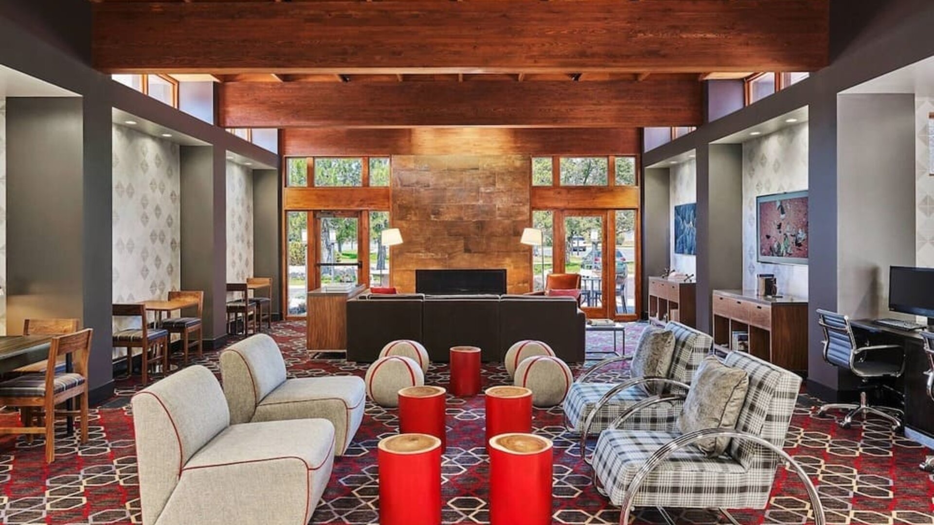 Lobby and coworking lounge at Four Points By Sheraton Salt Lake City Airport.